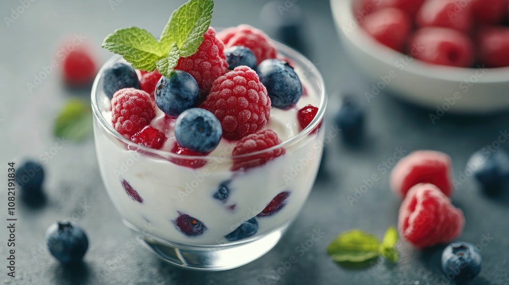 Fresh yogurt with mixed berries in a transparent glass Blueberries and raspberries in a white bowl Nutritious breakfast option Fresh yogurt with mixed berries in a transparent glass Blueberries and raspberries in a white bowl Nutritious breakfast option