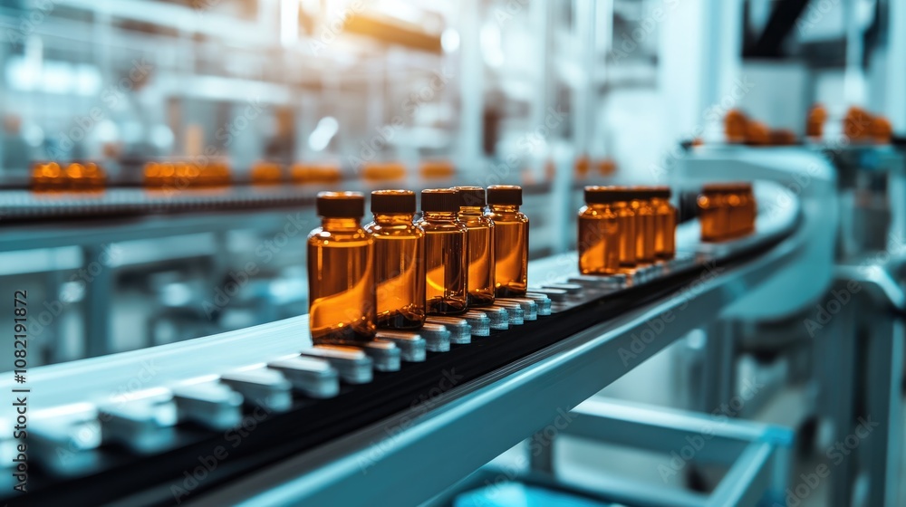 Glass pharmaceutical bottles on an automated conveyor belt in a modern production environment perfect for industrial and medical themes Glass pharmaceutical bottles on an automated conveyor belt in a modern production environment perfect for industrial and medical themes