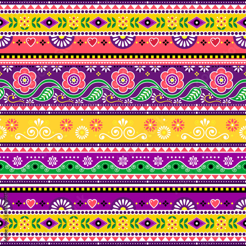Diwali vector seamless pattern with flowers inspired by Pakistani or Indian truck art. Non AI generated