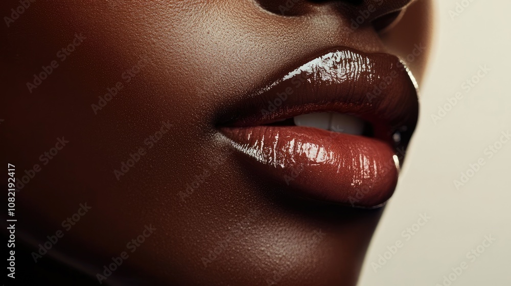 Obraz premium Close up of lips in natural hues with a gentle gloss highlighting their ideal shape and luminous skin