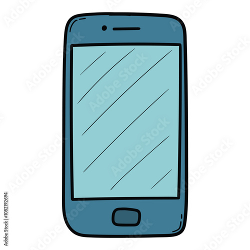 Hand drawn cartoon blue mobile phone or smartphone on white background.