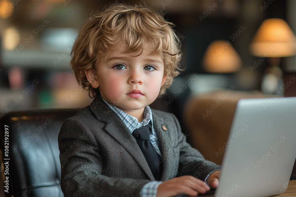 A child sitting at a desk in a suit, typing on a laptop with a serious expression A child sitting at a desk in a suit, typing on a laptop with a serious expression