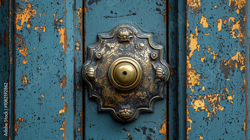 Antique Brass Doorbell on Weathered Teal Door 
