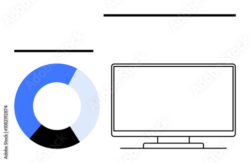 Computer monitor beside a pie chart with blue, black, and light blue segments. Ideal for data analysis, business reports, presentations, financial reviews, market research, educational purposes