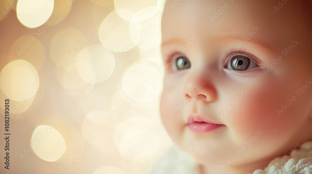 Close up portrait of an infant illuminated with soft light featuring a softly blurred background of a nursery setting Close up portrait of an infant illuminated with soft light featuring a softly blurred background of a nursery setting