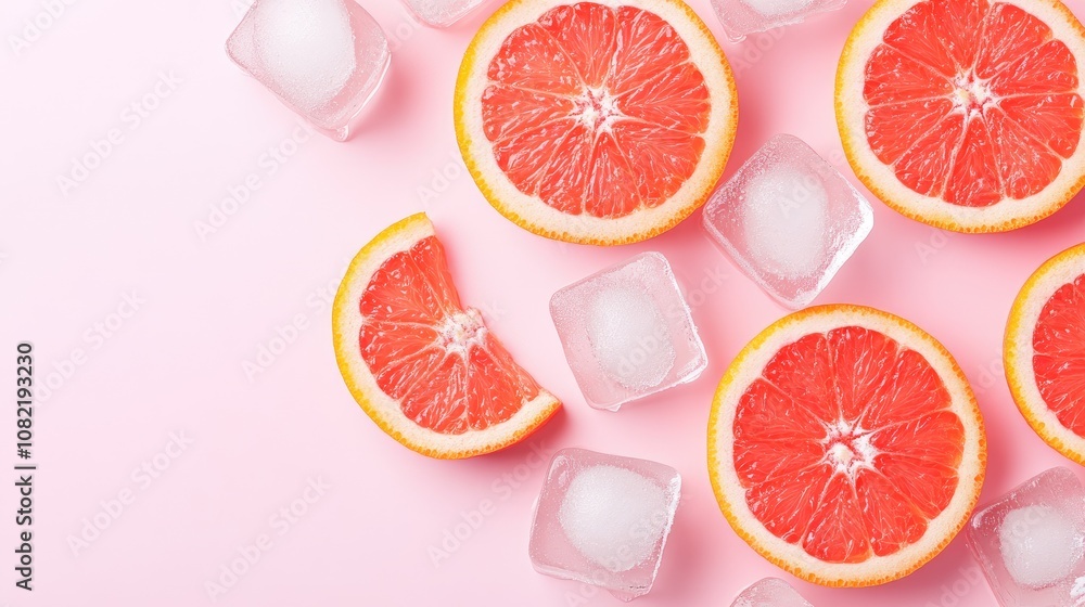 Vibrant top view of fresh orange slices and ice cubes on a pastel pink background for a refreshing summer drink idea Vibrant top view of fresh orange slices and ice cubes on a pastel pink background for a refreshing summer drink idea