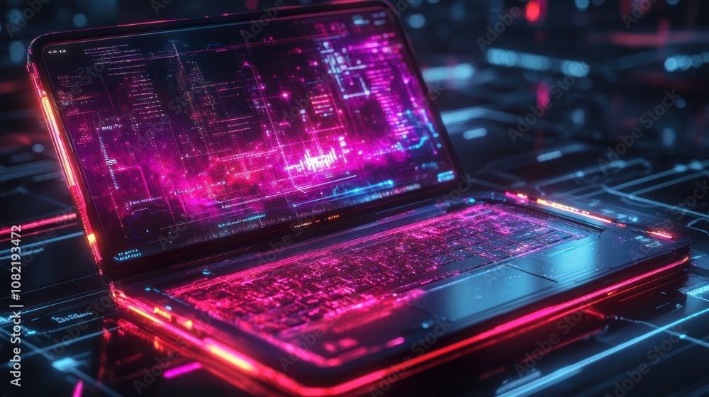 Futuristic laptop with neon glow and digital data on screen. Futuristic laptop with neon glow and digital data on screen.