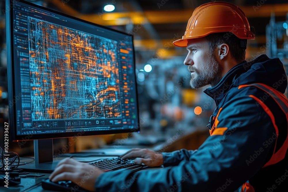 A civil engineer at a workstation, working on a computer simulation of a bridge project A civil engineer at a workstation, working on a computer simulation of a bridge project