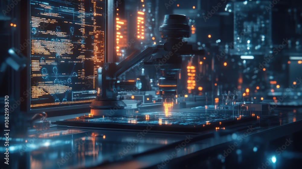 Futuristic robotic arm working on a circuit board in a dark and high-tech lab. Futuristic robotic arm working on a circuit board in a dark and high-tech lab.
