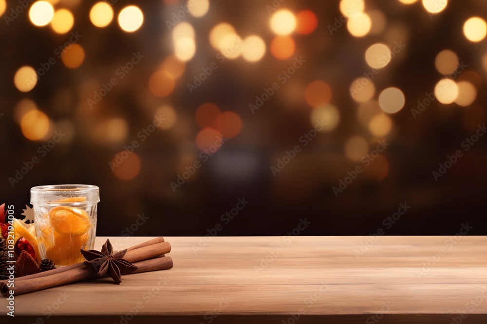 Empty wooden desk with space for product in background blurred Mulled wine with spices AI generated illustration Empty wooden desk with space for product in background blurred Mulled wine with spices AI generated illustration