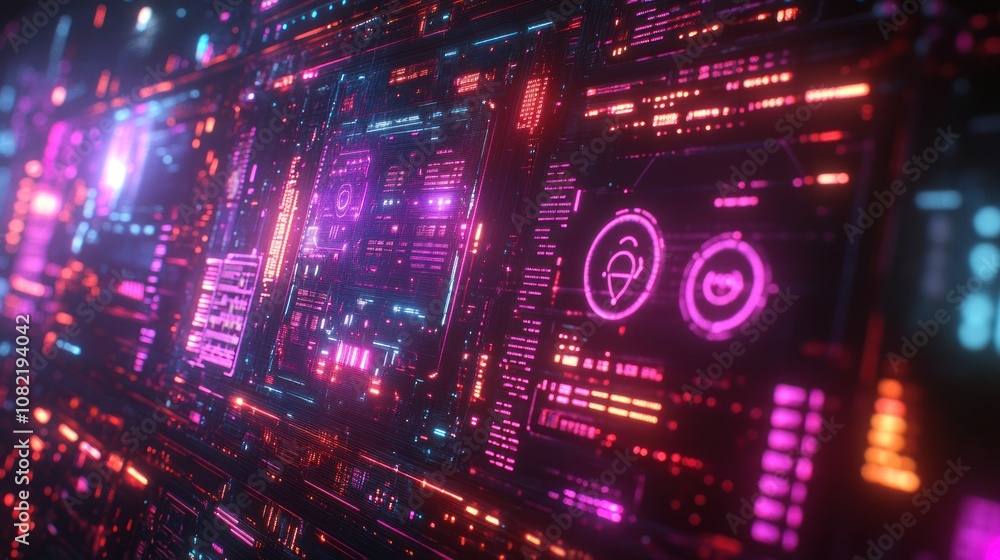Futuristic technology background with neon lights and digital interface. Futuristic technology background with neon lights and digital interface.