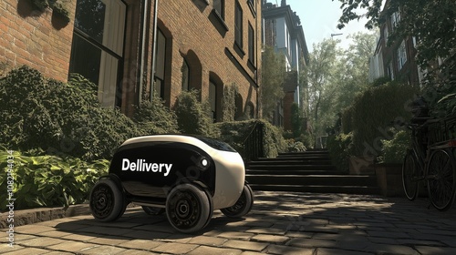 Autonomous delivery robot on sunny urban street, for innovation in logistics, technology, and last-mile delivery. Modern city setting for themes of automation, convenience, and future of delivery photo