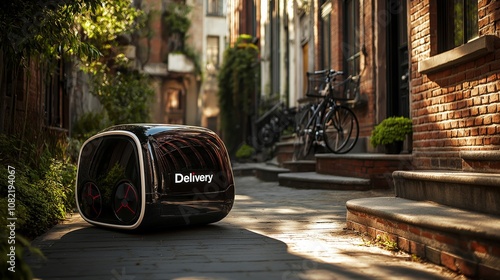 Autonomous delivery robot on sunny urban street, for innovation in logistics, technology, and last-mile delivery. Modern city setting for themes of automation, convenience, and future of delivery photo