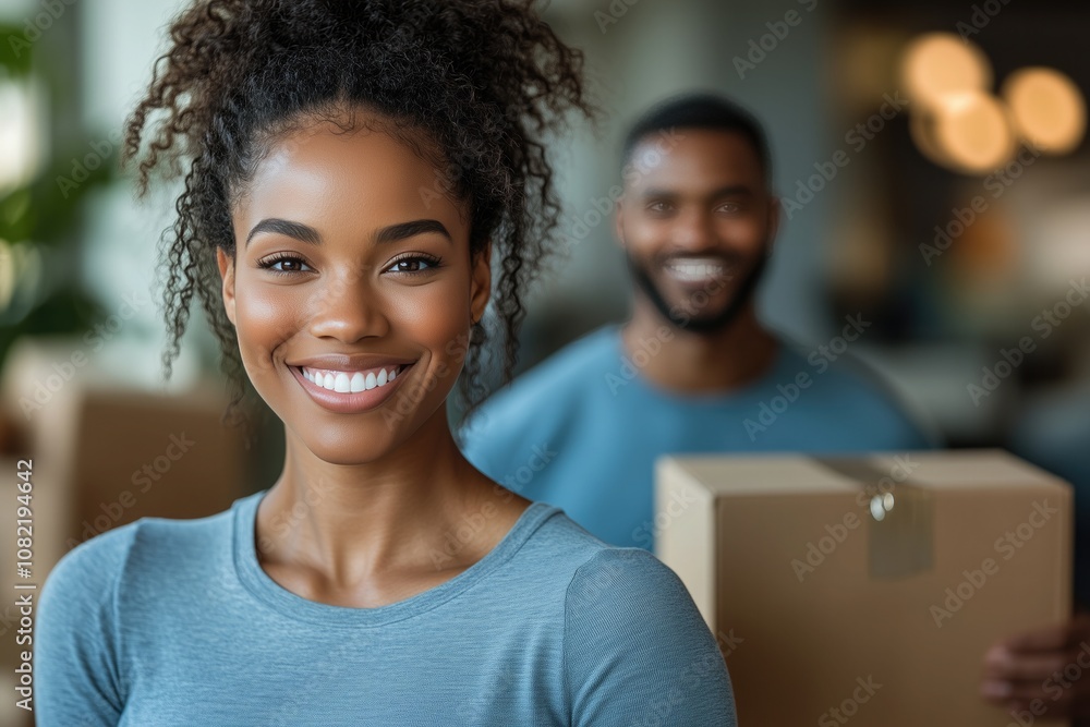 A couple moving into a new home, carrying boxes and smiling in the living room, highlighting real estate and new beginnings -