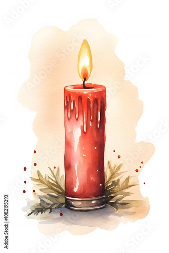 Isolated design of a modern watercolor Christmas card showcasing a flamelit candle AI generated illustration photo