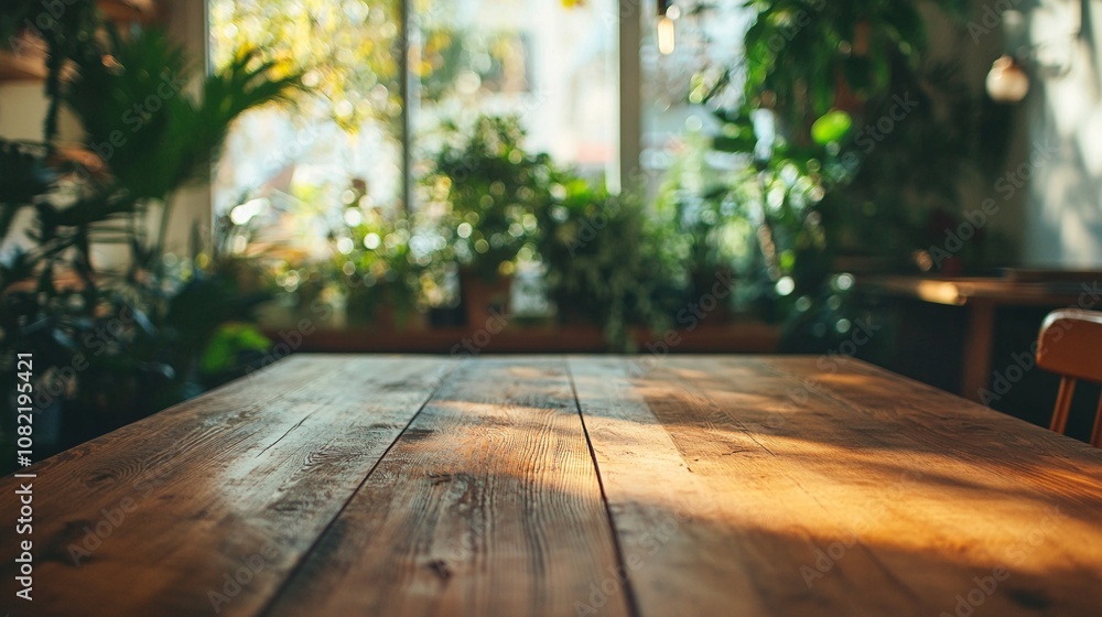 Rustic wooden table bathed in warm sunlight, with lush green plants adorning a bright window backdrop, creating a serene and inviting home atmosphere. Rustic wooden table bathed in warm sunlight, with lush green plants adorning a bright window backdrop, creating a serene and inviting home atmosphere.