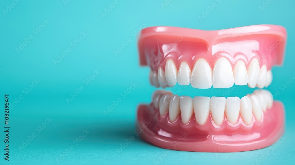 Obraz premium Dentures for the elderly, Detailed view of dentures in supportive structure, promoting oral health, dentures, daily use, oral care