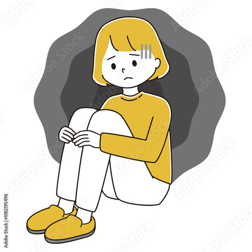 落ち込んで三角座りをする女性のイラスト