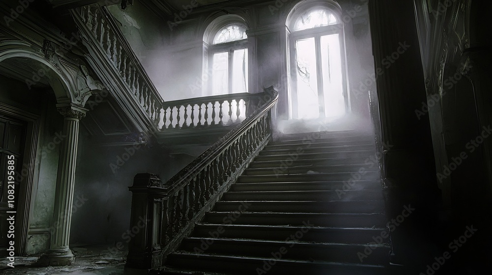 Fototapeta premium Abandoned Mansion with Haunting Shadows Decaying Grandeur and Eerie Atmosphere