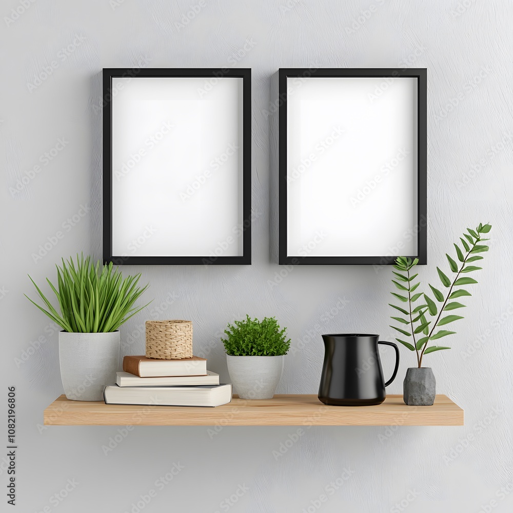 Pair of thin frames mounted above a minimalist shelving unit with decorative accents,