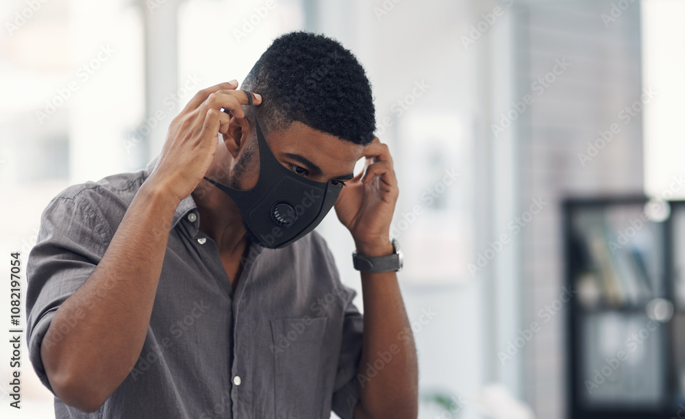 Office, businessman and wellness with face mask for safety, health and protection against influenza. Awareness, worker and designer with cover to prevent virus, bacteria and compliance for pandemic Office, businessman and wellness with face mask for safety, health and protection against influenza. Awareness, worker and designer with cover to prevent virus, bacteria and compliance for pandemic