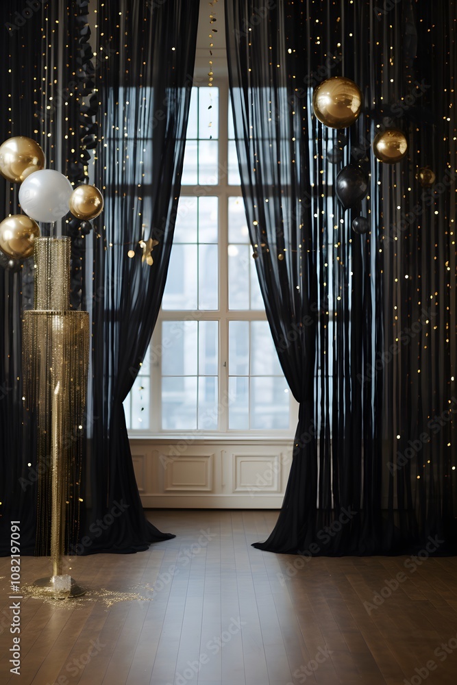 Fototapeta premium New Years Eve room with a stylish minimalist photo booth backdrop AI generated illustration