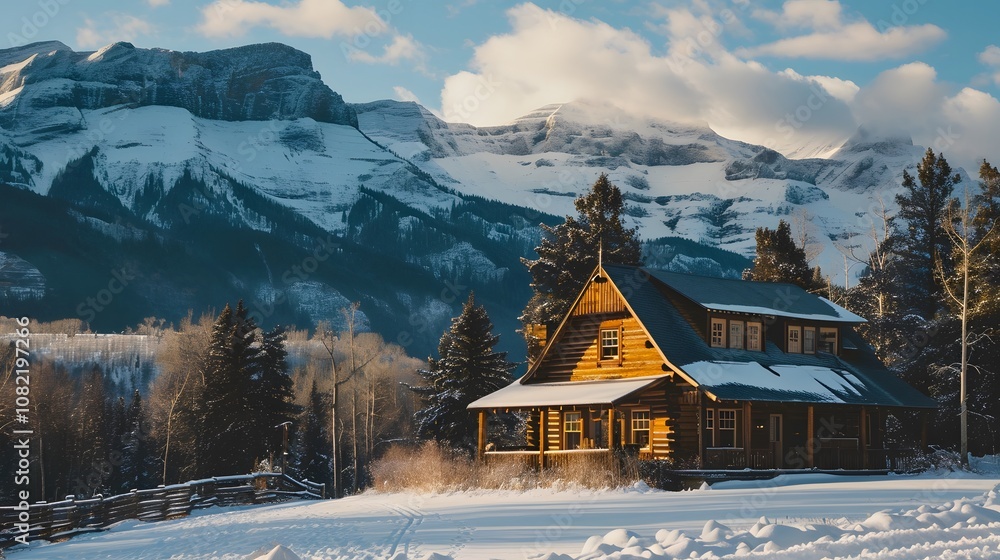 cozy rustic cabin with mountains in the background during winter AI generated illustration cozy rustic cabin with mountains in the background during winter AI generated illustration