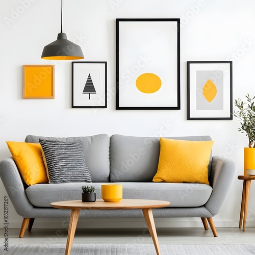 Vertical black frame hanging over a Scandinavian-style two-seater sofa, photo