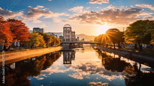 Resilient Remnants: The Majestic Atomic Bomb Dome and Motoyasu River in Hiroshima, Japan photo