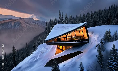 Futuristic log cabin on a snowy mountain peak, with a high-tech exterior and energy-efficient design, offering a stunning view of a forested valley and mountains photo