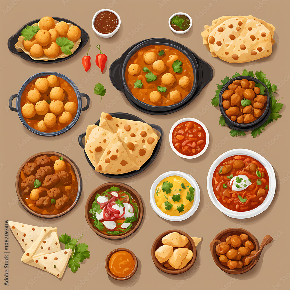 Set of all Indian Desi foods, top view. Asian cuisines set, top view. All Indian traditional Foods collection. Paneer curry, samosa, kofta, omelet, chole bhature, garlic naan, chole, fried rolls. Set of all Indian Desi foods, top view. Asian cuisines set, top view. All Indian traditional Foods collection. Paneer curry, samosa, kofta, omelet, chole bhature, garlic naan, chole, fried rolls.