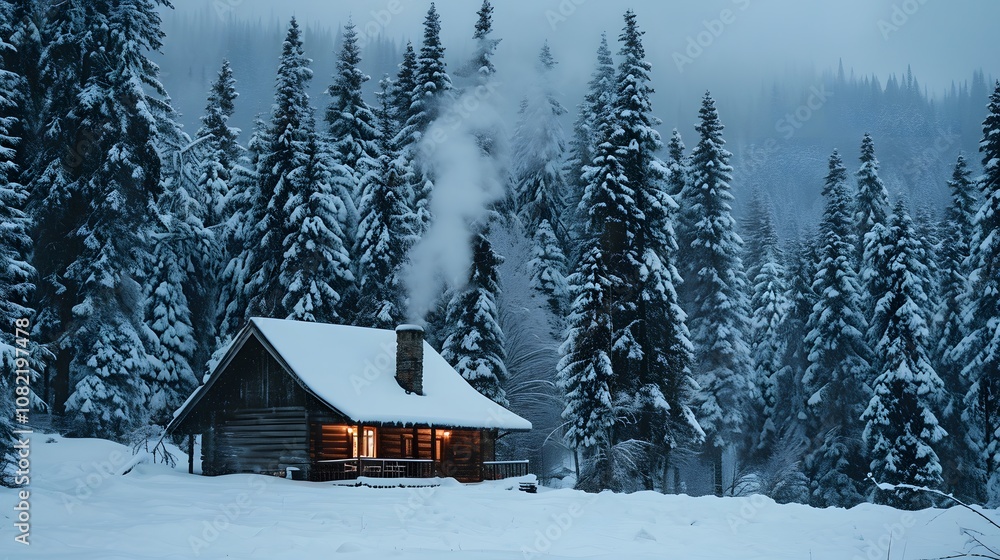 cozy winter cabin with smoke rising from its chimney amidst snowcovered pines AI generated illustration