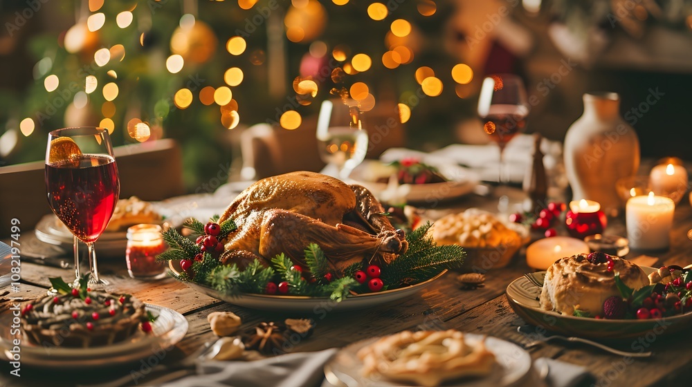 festive Christmas dinner table with turkey pies and mulled wine AI generated illustration festive Christmas dinner table with turkey pies and mulled wine AI generated illustration