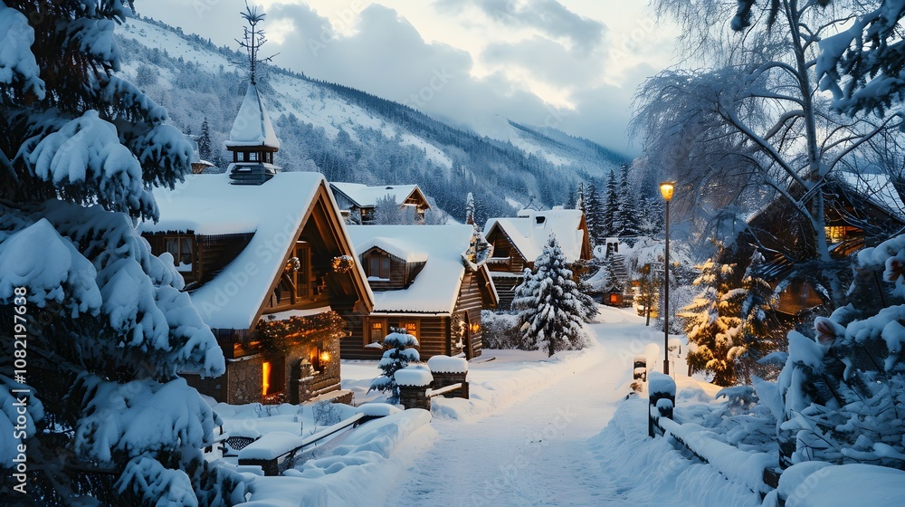 Naklejka premium picturesque scene of a snowy mountain village with log houses and fireplaces AI generated illustration