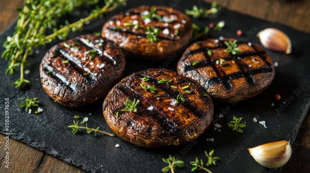 Grilled Portobello Mushroom Caps with Herbs on Black Slate Plate: Clean Commercial Food Photography with Fresh Thyme and Garlic, High-Quality, 45-Degree Angle. Grilled Portobello Mushroom Caps with Herbs on Black Slate Plate: Clean Commercial Food Photography with Fresh Thyme and Garlic, High-Quality, 45-Degree Angle.