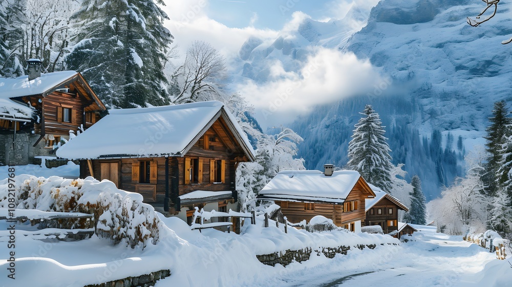 Naklejka premium picturesque scene of a snowy mountain village with log houses and fireplaces AI generated illustration
