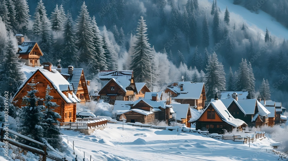 picturesque scene of a snowy mountain village with log houses and fireplaces AI generated illustration picturesque scene of a snowy mountain village with log houses and fireplaces AI generated illustration