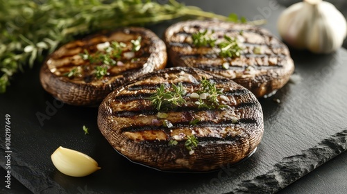 Grilled Portobello Mushroom Caps with Herbs on Black Slate Plate: Clean Commercial Food Photography with Fresh Thyme and Garlic, High-Quality, 45-Degree Angle.