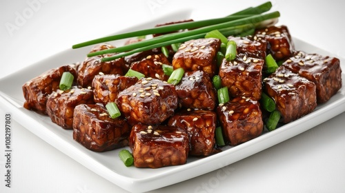 Protein-Packed Tempeh Stir-Fry: Clean Commercial Composition with White Plate, Sesame Seeds, and Green Onions, Highlighted by Natural Lighting and Negative Space.