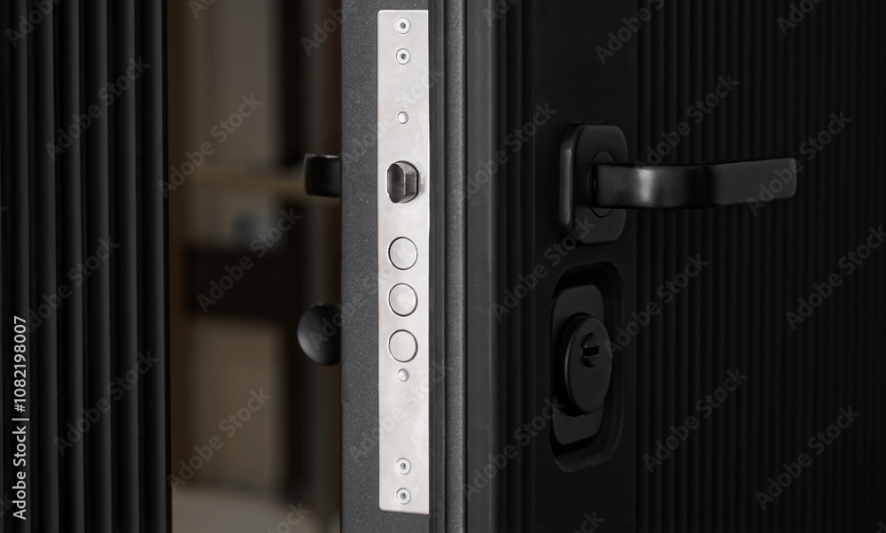 Ajar modern black armored entrance door to the apartment. Privacy, protection of the apartment and the house. Example of installing a mortise lock in an armored door. Photo. Selective focus Ajar modern black armored entrance door to the apartment. Privacy, protection of the apartment and the house. Example of installing a mortise lock in an armored door. Photo. Selective focus