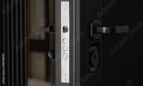 Cuadro en lienzo Ajar modern black armored entrance door to the apartment