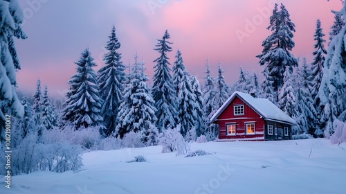 Pastel cabin in a snowy landscape AI generated illustration