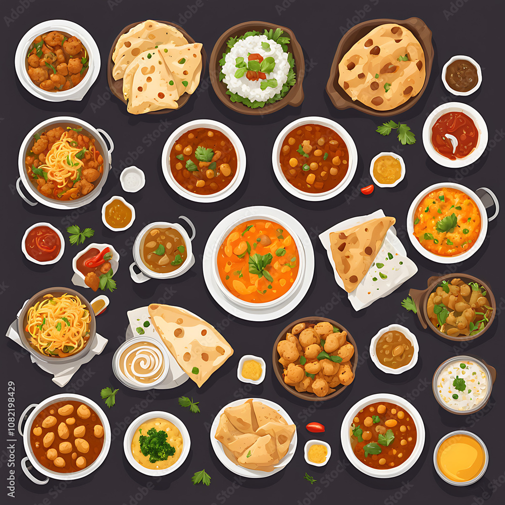 Set of all Indian Desi foods, top view. Asian cuisines set, top view. All Indian traditional Foods collection. Paneer curry, samosa, kofta, omelet, chole bhature, garlic naan, chole, fried rolls.