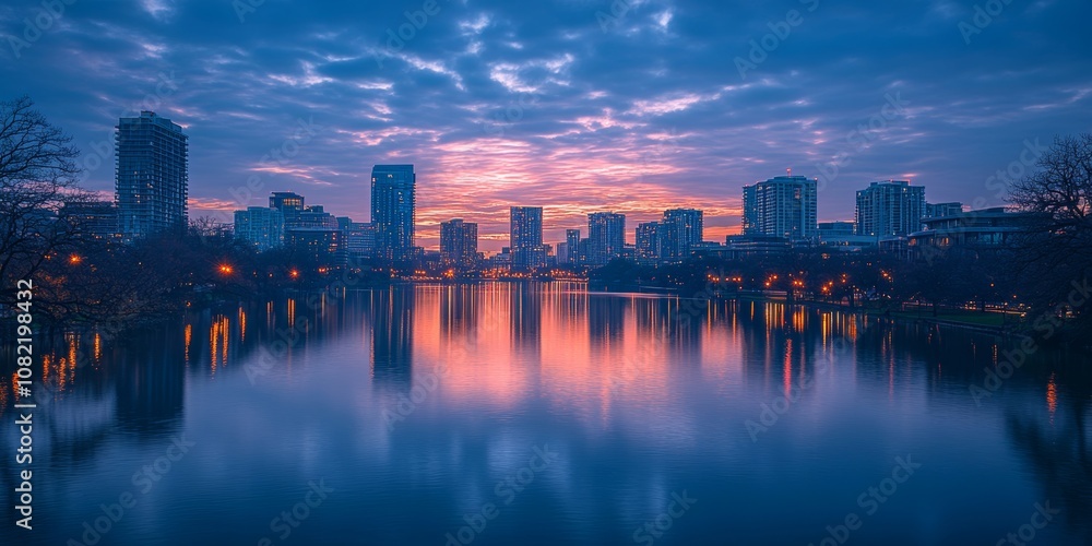 Obraz premium beautiful city skyline with reflections on a calm river at dusk, Generative AI