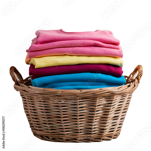 Wicker basket with a stack of colorful clothes on a white background