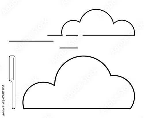 Two clouds composed of simple outlines paired with horizontal wind lines and an adjacent vertical stripe. Ideal for weather apps, meteorology, climate change, cloud computing, technology, minimalism