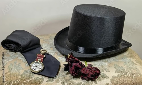 Ensemble d'accessoires pour homme avec chapeau haut de forme noir, cravate, montre à gousset et rose rouge pour boutonnière, élégance classique et rétro