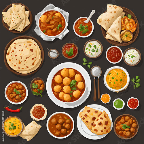 Set of all Indian Desi foods, top view. Asian cuisines set, top view. All Indian traditional Foods collection. Paneer curry, samosa, kofta, omelet, chole bhature, garlic naan, chole, fried rolls.