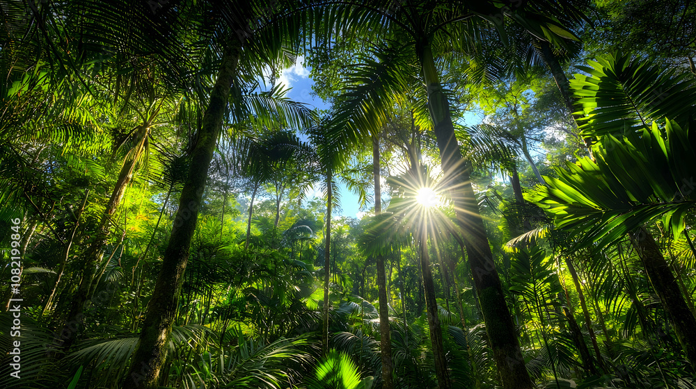 Naklejka premium Sunlight Through Palm Trees in a Tropical Rainforest Photo