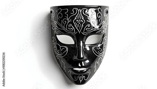 A realistic, detailed mask with intricate designs, isolated on a pure white background, with light reflecting off its glossy surface create with ai